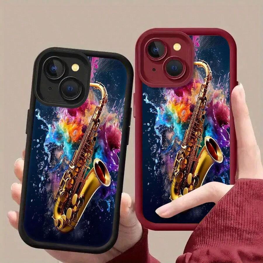 Saxophone Mobile Phone Case, Decorated With Vibrant Splash Art And Musical Notes Design, Suitable For IPhone 16, 15, 14, 13, 12 And 11 Pro Models, Made Of TPU Material, And Provides Shockproof Protection. Perfect For Music Lovers, Friends, Family, Birthdays, Spring, Holidays, Boyfriends, Girlfriends, And Valentine's Day Gifts. - Black - View 1