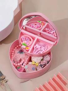 1pc Double Layer Heart Shaped Mirrored Jewelry Storage Box, Women Makeup Organizer Suitable For Jewelry & Accessories Like Earrings, Rings, Necklaces, Multi-Functional Desktop Storage Box, Gift For Her
