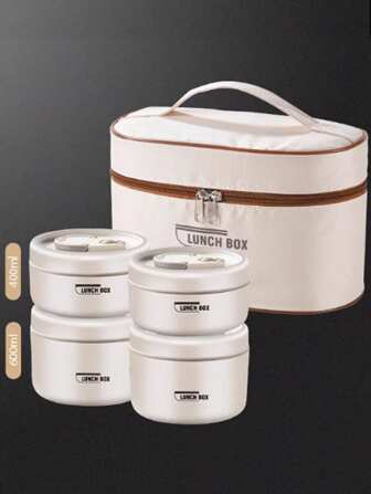 1/3/4/5件304不锈钢双层保温午餐盒，带袋子和餐具，便携式微波炉适用便当盒，防漏水果食品容器，适合成人学生携带食物去学校、办公室、野餐、露营、派对