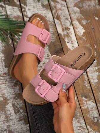 女士金属装饰仿麂皮厚底凉鞋，舒适休闲平底拖鞋，适合夏季海滩、度假、居家、户外穿着