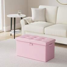 Storage Ottoman Bench,Fireproof Folding Bench With Lock,30 Inches Fire&Water Resistant Storage Chest Foot Rest Stool Leather Bedroom Ottoman Safe For Documents,Valuables, Pink - 玫紅色 - 查看 2