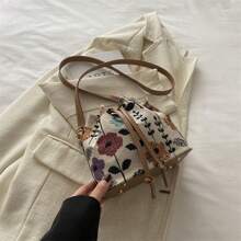 Bolso balde lindo para damas, bolso de mano pequeño y lindo con flores, billetera con flores, mini bolso estético bohemio con bordado, bolso de cordón tipo cubeta con punto de aguja, bolso cruzado mini