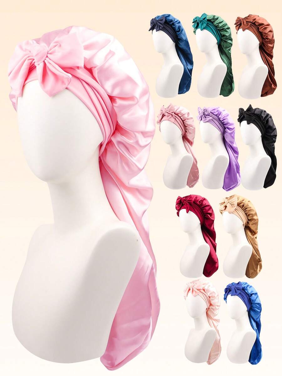 1 件女士长缎仿丝蝴蝶结睡帽，大号辫子卷发睡帽，适合睡眠和日常美容使用 - 彩色 - 查看 1