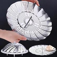 1pc Household Stainless Steel Steamer Portable Folding Retractable Vegetable Steaming Plate Fruit Drippin Plate Mantou Steamer Frame