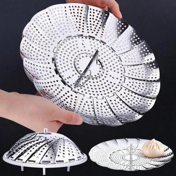 1pc Household Stainless Steel Steamer Portable Folding Retractable Vegetable Steaming Plate Fruit Drippin Plate Mantou Steamer Frame