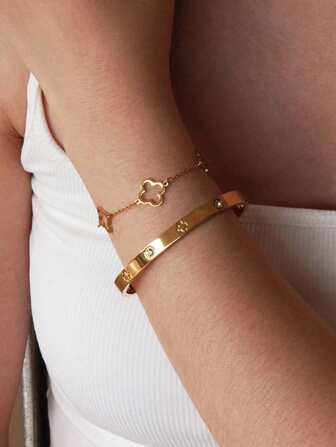 1 Set Pulsera y brazalete de acero inoxidable minimalistas y elegantes decorados con elementos de trébol y cristal, adecuados para que las mujeres los luzcan en banquetes, moda diaria, ir al trabajo o como regalo festivo