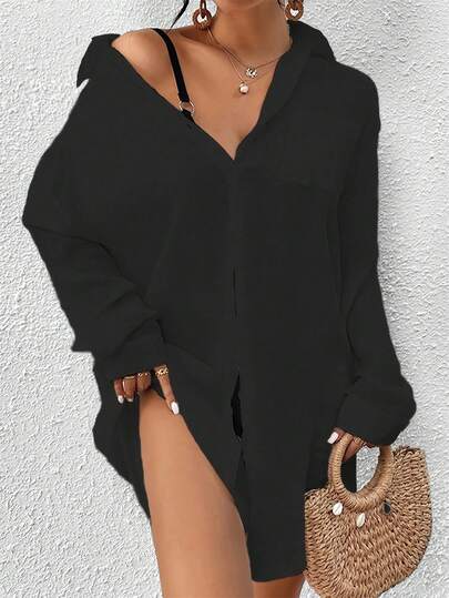 女士休闲前开襟长袖衬衫 - 纯色度假沙滩黑色夏季