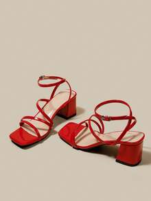 女士红色交叉露趾高跟凉鞋，系带，粗跟，系带，夏季鞋 - 紅色 - 查看 4