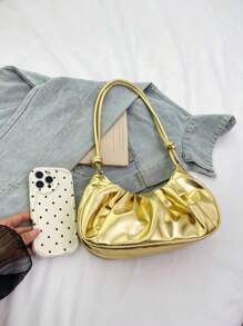Bolso de mano de mujer de color sólido con pliegues dorados en forma de nube de estilo PU, simple y dulce. Bolso de hombro, bolso cruzado. Adecuado para compras, monedero, estudiantes, mujeres jóvenes, mujeres de oficina. Perfecto para la oficina, la universidad, el trabajo, los negocios, los desplazamientos, las actividades al aire libre, los viajes y los picnics.