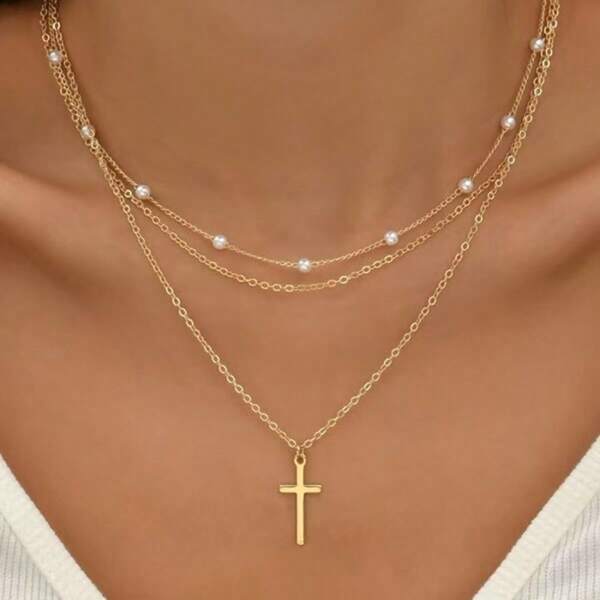 1pc Simple Multi-Layer Cross & Faux Pearl Necklace, Suitable For Women, Daily Wear, Vacation, Dates, Gifts