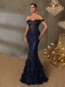 Faeriesty Elegant One-Shoulder Evening Gown With Back-Tie Closure & Mermaid Hemline Dramatic Train, And Luxurious Embellishments For Award Ceremonies, High-Fashion Weddings