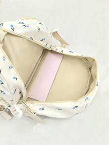 Mochila de mujer con estampado de rosa de moda, con múltiples compartimentos y bolsillos, mochila gruesa de estudiante, mochila impermeable, con accesorio colgante de oso de peluche, gran capacidad - Multicolor - Ver 4