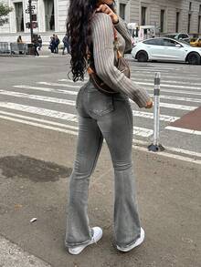 女式秋季度假风格休闲破洞紧身喇叭牛仔裤 - 灰色 - 查看 7