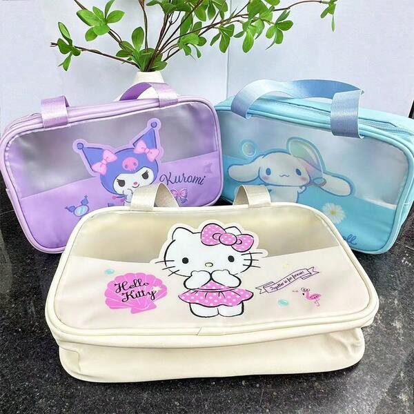 Sanrio Bolsa de tocador semi transparente y resistente al agua con diseño de Hello Kitty, bolsa de maquillaje grande de estilo de dibujos animados con gran capacidad, bolsa pequeña portátil y de mano, gran capacidad resistente al agua, de estilo fresco y dulce, adecuada para almacenamiento doméstico y artículos de viaje esenciales, bolsa de maquillaje semi transparente y resistente al agua portátil.
