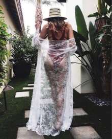 Women Lace Cover Ups Long Sleeve Ankle Length Cardigan Beach Sheer Tops Bikini See Through Kimono - 白色 - 查看 3