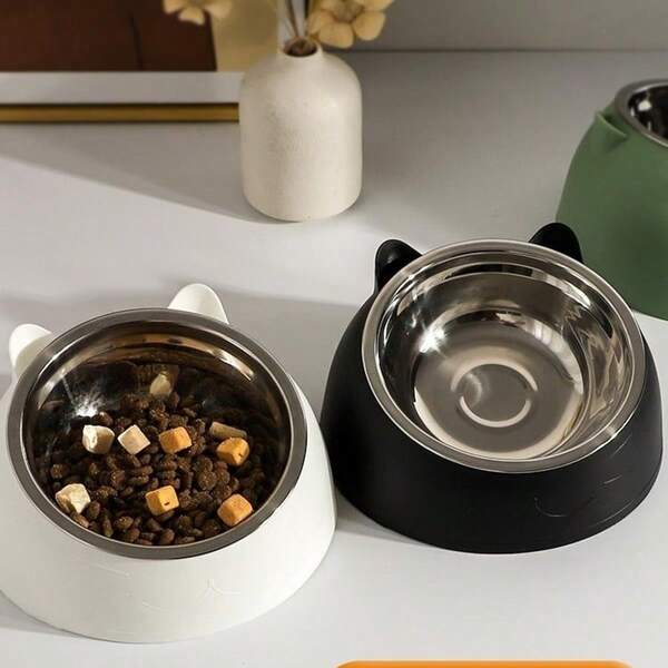 A Detachable And Washable 15° Cute Cat Design Stainless Steel Pet Cat Bowl With A Tilted Neck Protection.