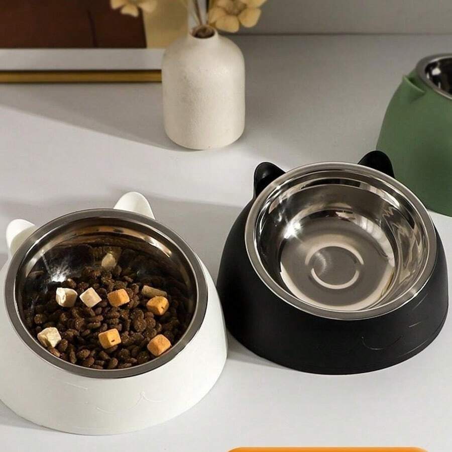 A Detachable And Washable 15° Cute Cat Design Stainless Steel Pet Cat Bowl With A Tilted Neck Protection.