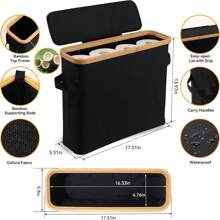 Bamboo Toilet Paper Storage Holder With Lid - Collapsible Organizer Basket For Bathroom RV Closet, Waterproof Oxford Canvas Holds 12 Regular Rolls, Freestanding Cabinet With Handle, Dustproof Cat-Proof Tissue Box, Easy No Tools Assembly, Compact Space Saving Storage Solution Back To School