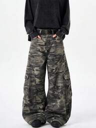 1pc Justice Brother Retro American Style Patchwork Design Washed Denim Cargo Pants, Casual Loose Fit Wide Leg Trousers (Excluding Belt And Accessories)