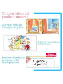 Un conjunto de 10 cuentos de hadas interactivos para niños en español, con 10 historias temáticas distintas. Estos cuentos cortos van acompañados de ilustraciones vívidas y se presentan en un lenguaje sencillo y accesible. Liberan el tiempo de los padres mientras expanden el vocabulario de los niños y estimulan su imaginación. Ideal como regalos de Navidad o materiales de aprendizaje Montessori.