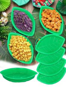 6pcsPalm Leaf Hawaiian Style Food Reusable Snack Trays, Cookies, Chips, Candies Dipped In Jungle Island Themed Party Decorations Platter - Green - View 1