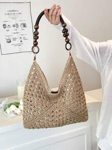 Large Capacity Portable Women's Woven Straw Shoulder Bag Medium Handbag With Handle For Beach Vacation , Summer - Light Khaki - View 4