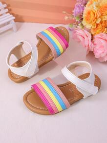 1 Pair Of Children's Fashionable And Cute Neutral Rainbow Colored Comfortable Flat Sandals, Suitable For Summer Baby Girls To Go On Vacation, Beach, Family Gatherings, And Wear