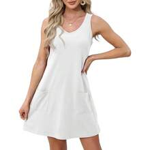 OFEEFAN Womens Summer Dresses 2025 V Neck Sleeveless Sundresses With Pockets Beach Vacation Clothes Floral/Plain - B Plain White - 查看 3