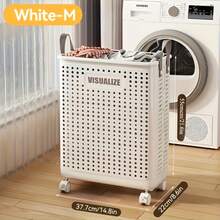 Large & Medium Foldable Ceramic White Laundry Baskets - Pu Leather, Hand Washable, Solid Color, Multi-Functional Portable Dirty Clothes Hamper With Wheels For Bathroom & Balcony Storage - 白色 - 查看 3