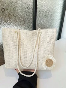 米色编织手提包，饰以花卉图案，休闲风格，适合办公室、海滩等场合。 - 米色 - 查看 6