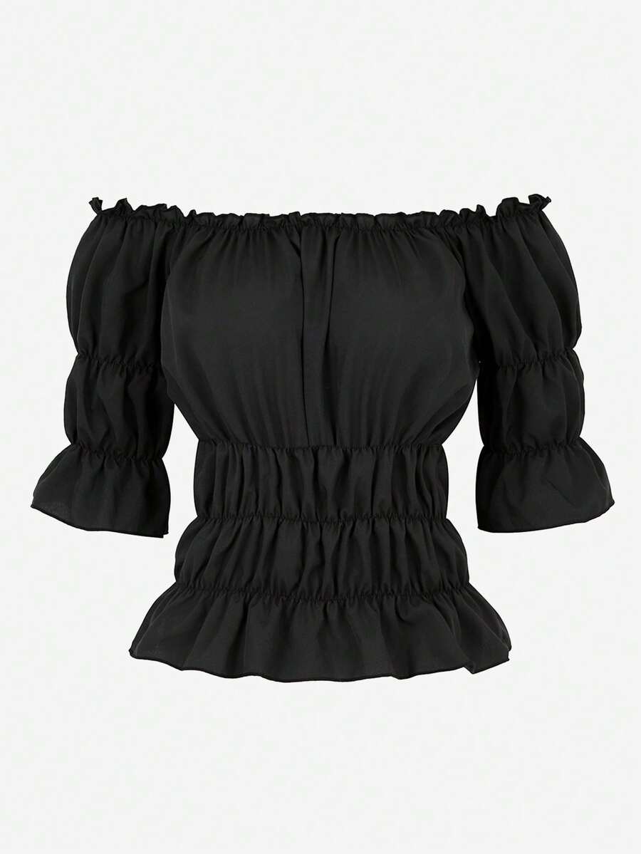 Women Off The Shoulder Tops Steampunk Pirate Shirt Renaissance Blouse Short Sleeve Shirts - 黑色 - 查看 1