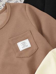 3 件儿童长袖 T 恤，厚重面料，纹理设计和口袋，男童休闲外套，春秋季 - 彩色 - 查看 4