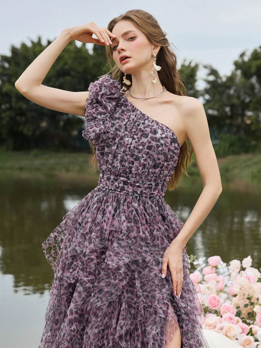 Faeriesty 奢华复古单肩豹纹薄纱晚礼服,多层荷叶边下摆 - 适合红毯、婚礼晚会、豪华晚会穿着 - 粉色 - 查看 1
