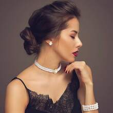 Glenmal Pearl Rhinestone Jewelry Set For Women Pearl Necklace Bracelet Earrings For Wedding Birthday Bridal Shower Tea Party - Trendy Style - 查看 5