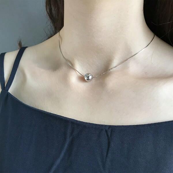 Silver Necklace, Retro Bohemian Style, Simple Small Ball Pendant, Snake Bone Chain.