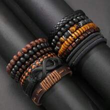 12pcs Multi-Color Men's Beaded Leather Bracelet, Retro Artificial PU Wood Bead Stone Handmade Beaded Elastic Cord Bracelet For Men, Birthday Gift, Daily Outfit, Christmas Gift