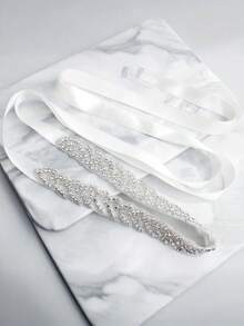 1pc Classic Heavyweight Rhinestone Champagne Satin Bridal Wedding Waist Belt Valentine's Day Accessories - Silver - View 5