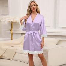 1pc Women's European & American Style Home Pajamas Robe, Lace Patchwork Faux Silk Bathrobe, Length Approx 94cm Back To School - Multicolor - View 11