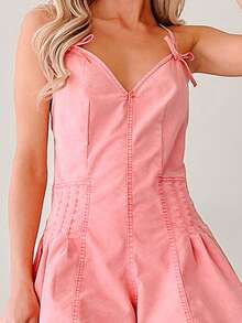 Women's Summer Spaghetti Strap Jumpsuit Sleeveless V Neck Wide Leg Denim Shorts Playsuit - 粉色 - 查看 5