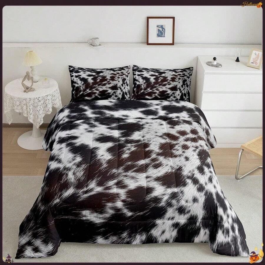 Western Brown Cowhide Comforter Set, Black White Cow Print Bedding Set Full Rustic Farm Animal Down Comforter Men Women,Cowboy Cowhide Quilt Duvet Set Bedroom Decor 3 Pcs - Multicolor - View 1