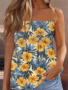 Women's Smocked Ruffle Tube Tops Floral Print Strapless Bandeau Tops Flowy Hem Shirts - Azul - Ver 6
