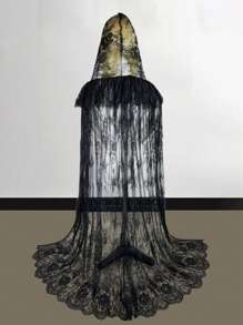 1pc Lace Hooded Cape Shawl, Black/White, For Wedding Bride, Holiday/Party Dress-Up