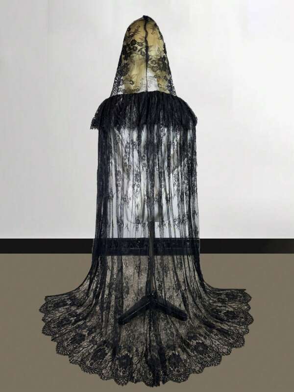 1pc Lace Hooded Cape Shawl, Black/White, For Wedding Bride, Holiday/Party Dress-Up