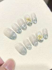 10PCS Green Handmade Press On Nails Short Almond And Oval Purely Hand-Wear Nails, Summer Nailssupplies, Glitter French Handmade Flower Cat Eye Nails Home DIY Nail Design Full Coverage Fake Nail Tips Artifical Fingernails For Women And Girls Manicure Supplies Office Daily Wear False Nails