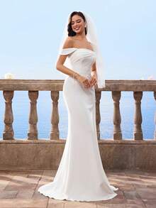 优雅露肩白色紧身晚礼服美人鱼新娘婚纱 - 白色 - 查看 6