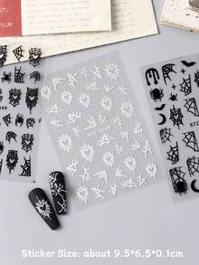 FULL BEAUTY 怪异黑白蜘蛛万圣节指甲暗色心形蜘蛛网蝙蝠美甲贴纸星月 Y2K 涂鸦卡通可爱滑块设计指甲贴花万圣节派对 DIY 饰品装饰指甲用品 - 黑與白 - 查看 9