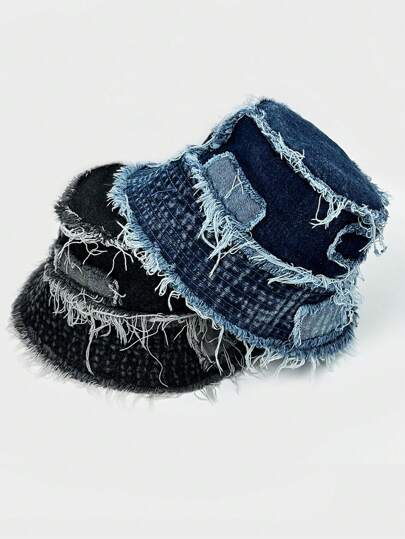 1pc Men's Patchwork Distressed Bucket Hat, Summer/Autumn Tie-Dye Fringe Brim Bucket Hat, Street Fashion Denim Cap Suitable For Outing, Hiking, Streetwear
