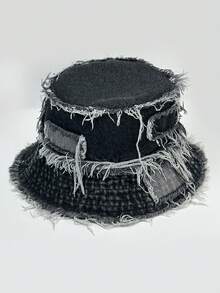 1pc Men's Patchwork Distressed Bucket Hat, Summer/Autumn Tie-Dye Fringe Brim Bucket Hat, Street Fashion Denim Cap Suitable For Outing, Hiking, Streetwear - A - View 9