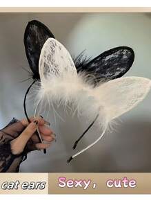 1/2 Pieces Elegant Women's Cat Ear Headband With Lace & Fluffy Feathers - Non-Stretch Polyester Hair Accessories For Cosplay, Costume Parties, Outdoor Events | Fashion Hair Bands For Women (Black/White) Halloween