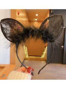1/2 Pieces Elegant Women's Cat Ear Headband With Lace & Fluffy Feathers - Non-Stretch Polyester Hair Accessories For Cosplay, Costume Parties, Outdoor Events | Fashion Hair Bands For Women (Black/White) Halloween